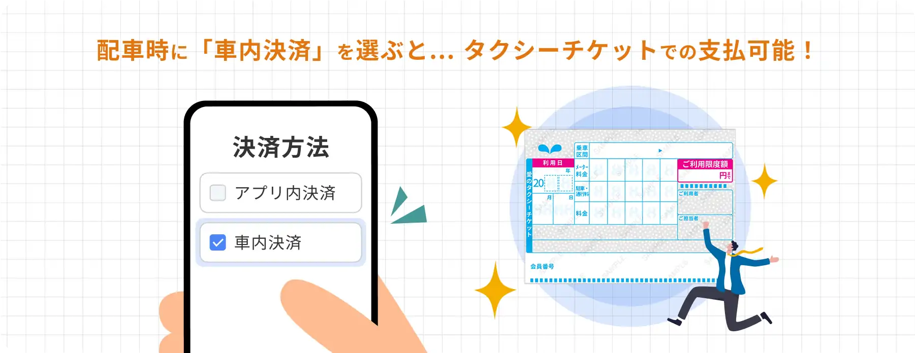 配車時に「車内決済」を選ぶと、タクシーチケットでの支払可能!